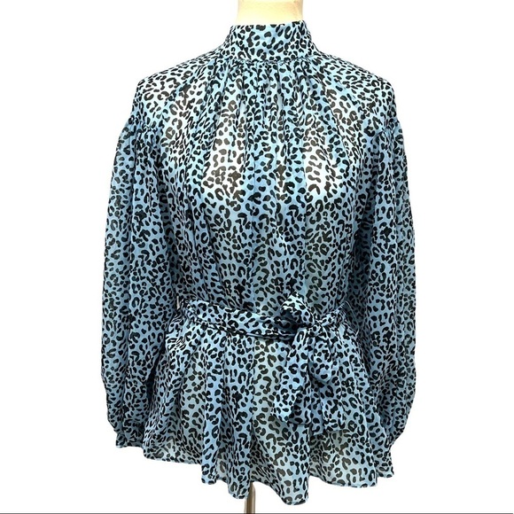ASOS Blue Animal Print Belted Puff Sleeve Sheer Blouse - Picture 9 of 13